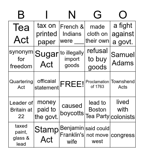 CAUSES OF THE REVOLUTIONARY WAR Bingo Card