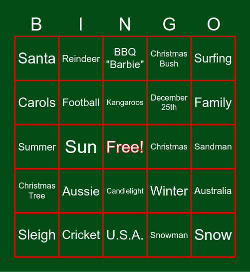 Christmas (Australia + USA) Bingo Card