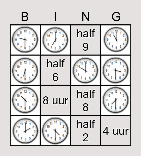 klokken hele en halve uren beeld en woord Bingo Card