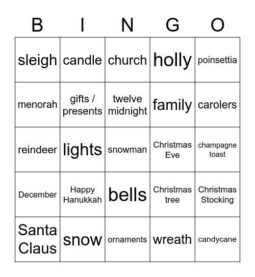 Winter Holidays Bingo Card