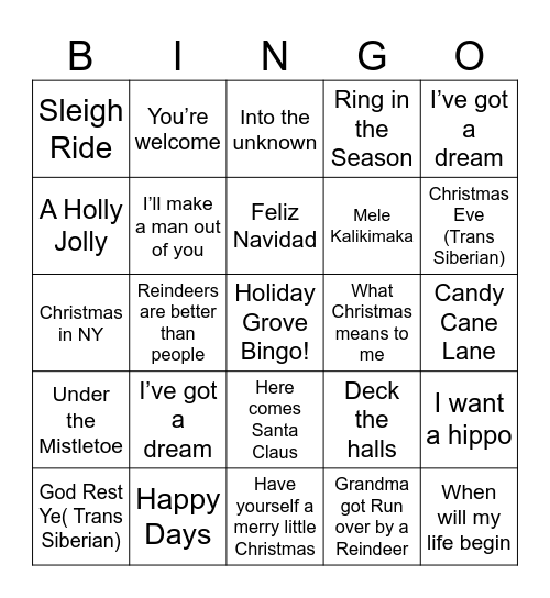 Holiday Disney Bingo Card