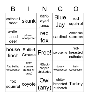 Winter Michigan Animals Bingo Card