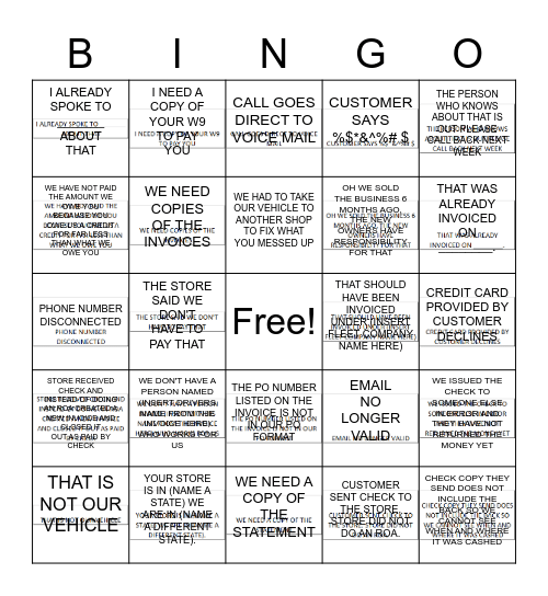 CREDIT AND COLLECTIONS BINGO Card