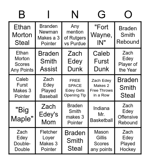 Purdue Basketball Bingo 2022 Bingo Card