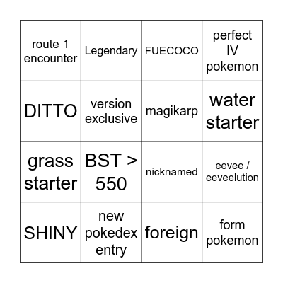 Pokemon Trade Challenge Bingo Card