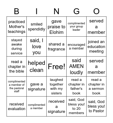 SABBATH DAY BINGO Card