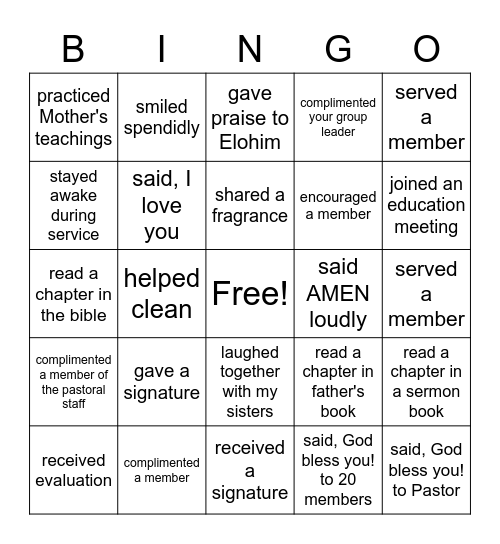 SABBATH DAY BINGO Card