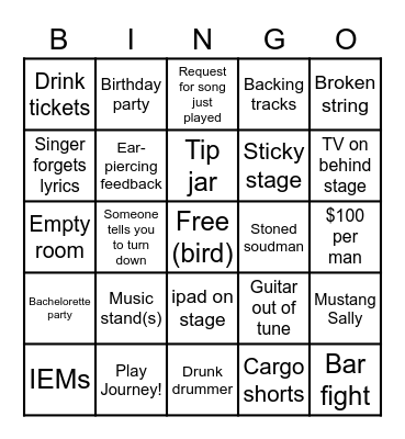 Cover Band Bingo Card