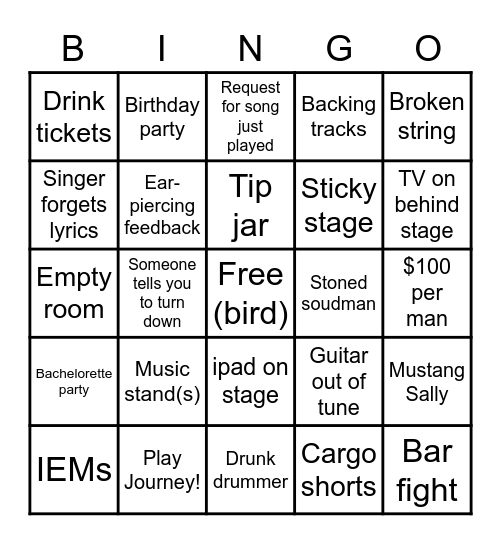 Cover Band Bingo Card