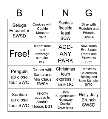 Seaworld Bingo Card