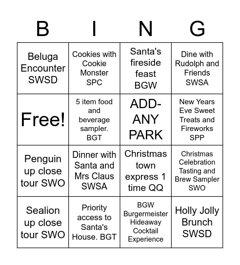 Seaworld Bingo Card