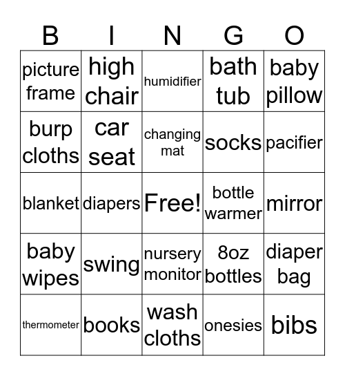 Karrington's Shower Bingo Card