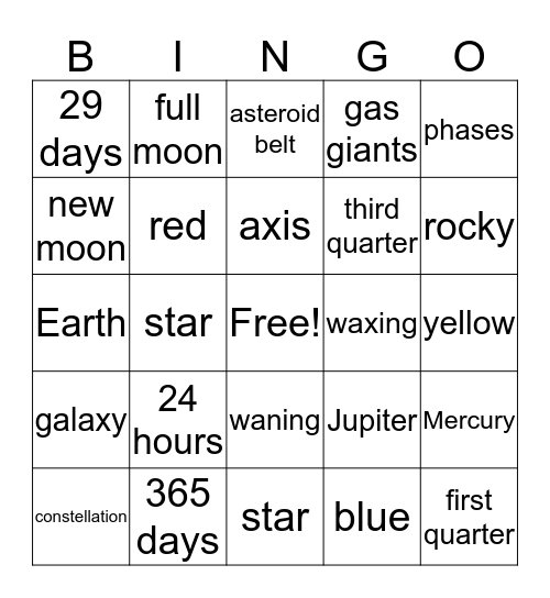 Solar System Bingo Card