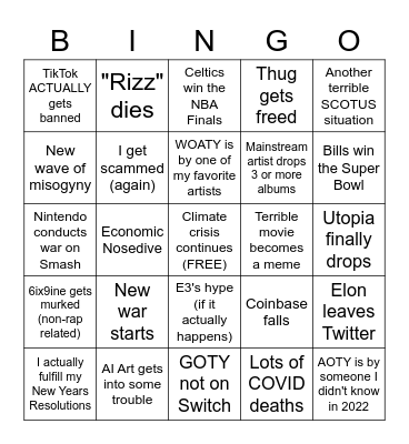 2023 Predictions Bingo Card