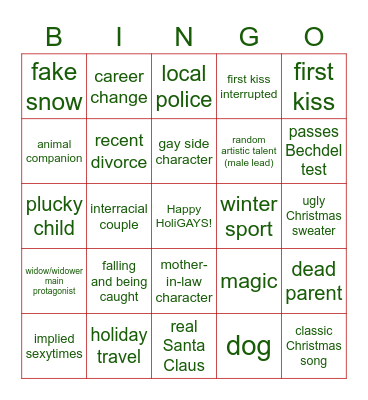 Holiday Rom Com Movies Bingo Card