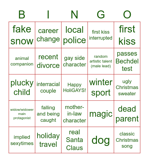 Holiday Rom Com Movies Bingo Card