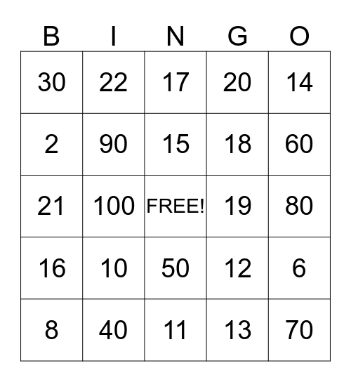 Numbers, Numbers Bingo Card
