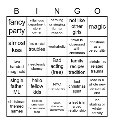 Hallmark-esque Christmas Movie Bingo Card
