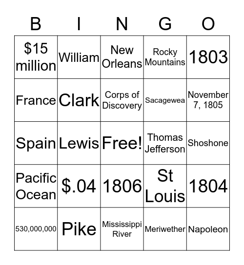 Louisiana Purchase Bingo Card