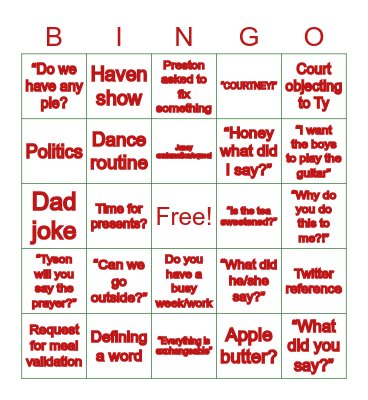 Martin Family Christmas 2022 Bingo Card