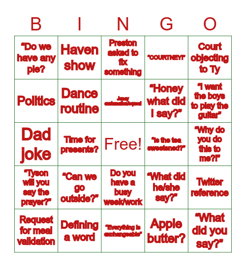 Martin Family Christmas 2022 Bingo Card