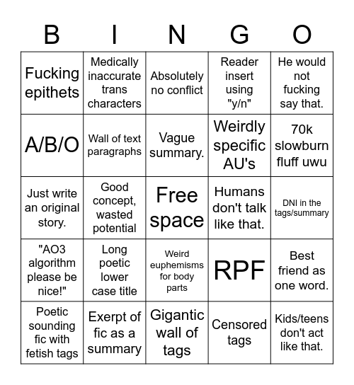 AO3 Bingo Card