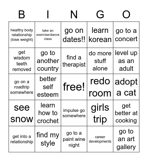 grayces 2023 bucket list🥂 Bingo Card