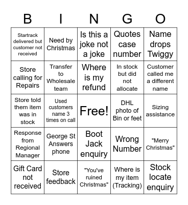 Customer Service Christmas Bingo Card