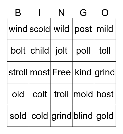 kind, old words Bingo Card