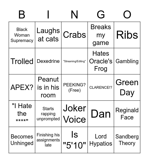 Reginald Bingo Card