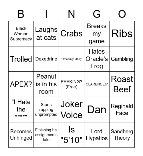 Reginald Bingo Card