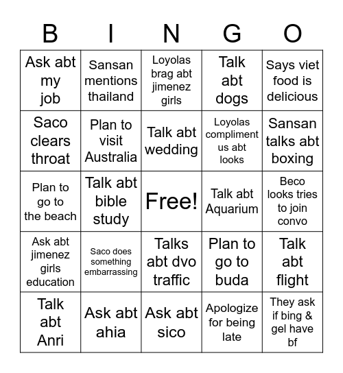 Plastikan Dinner Bingo Card