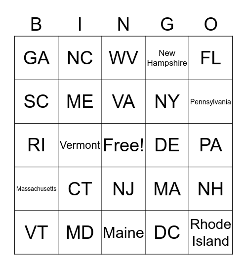 Geography: North Atlantic, Mid-Atlantic, South Atlantic Bingo Card