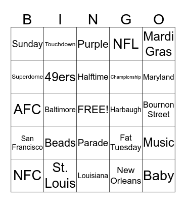 Mardi Gras Super Bowl Bingo Card