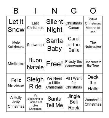 Holiday Song Bingo Card