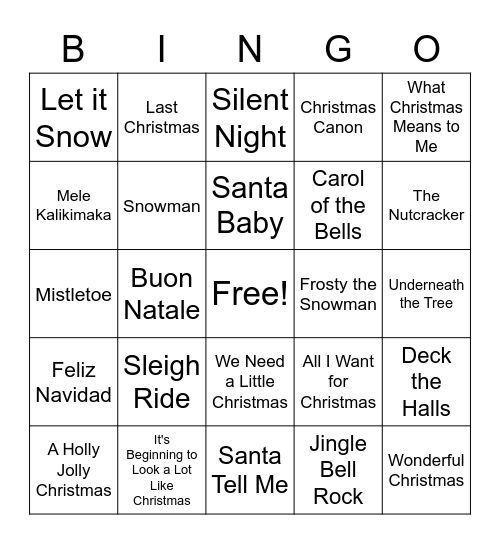 Holiday Song Bingo Card