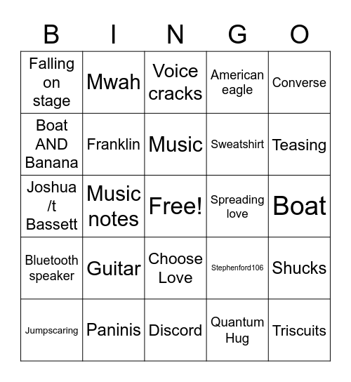 Joshua Bassett Discord Bingo Card