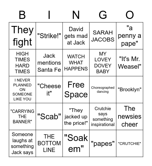 NEWSIES Bingo Card