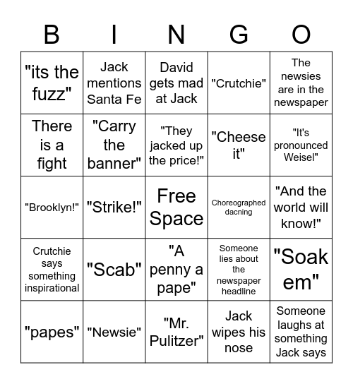 NEWSIES Bingo Card