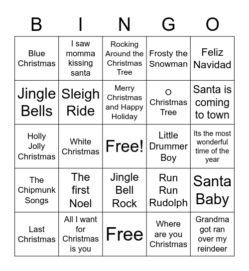 Christmas Song Bingo Card