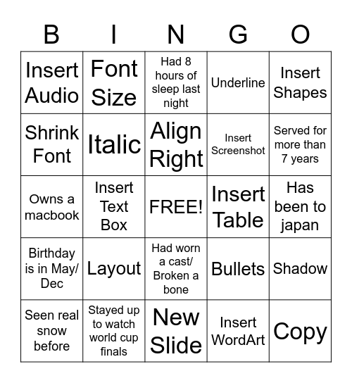 Microsoft Powerpoint Bingo Card