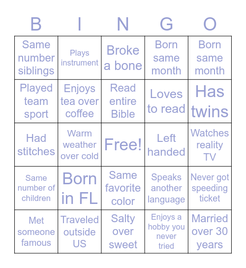 Mingle Bingo Card