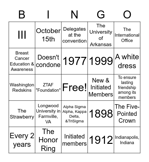 Zeta Tau Alpha Facts Bingo Card