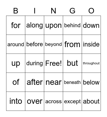 Preposition Bingo Card