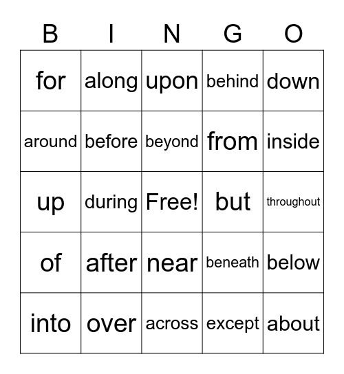 Preposition Bingo Card