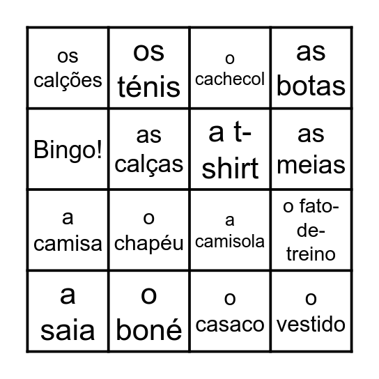 Bingo: A Roupa Bingo Card