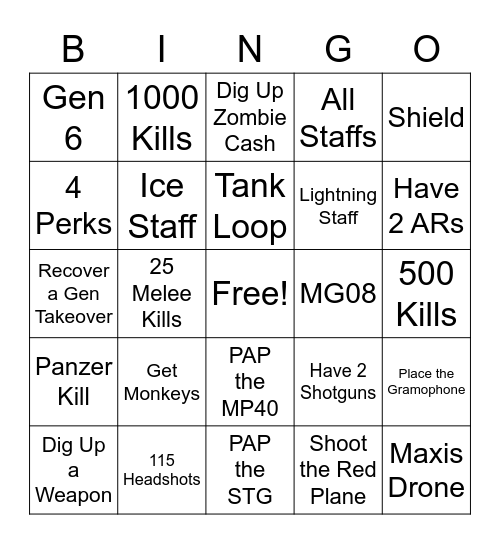 Zombies Origins Bingo Card