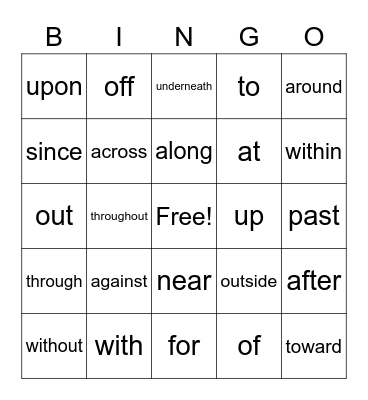Preposition Bingo Card