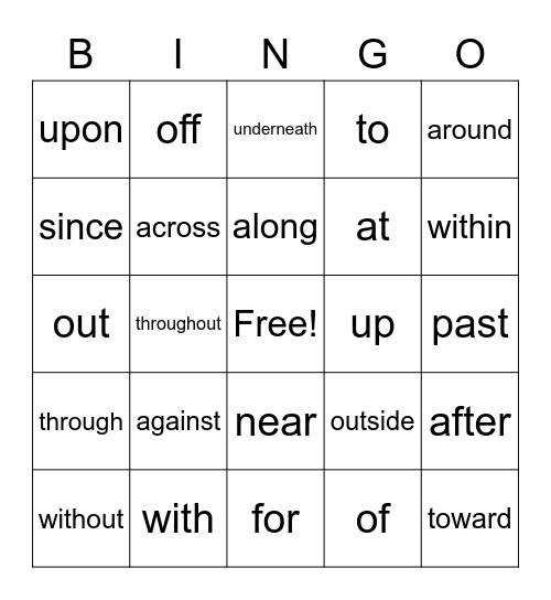 Preposition Bingo Card