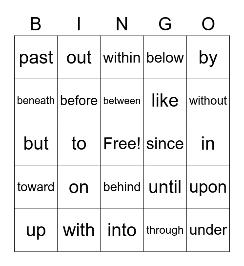 Preposition Bingo Card